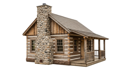 Rustic Wooden Log Cabin with Large Stone Chimney and Covered Front Porch isolated on Transparent Background