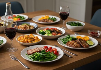 Fototapeta premium A beautifully set wooden dining table ready for dinner with various plates of healthy cooked food, showcasing a moment of shared eating and nourishment ,holiday ,beverage ,enjoyment
