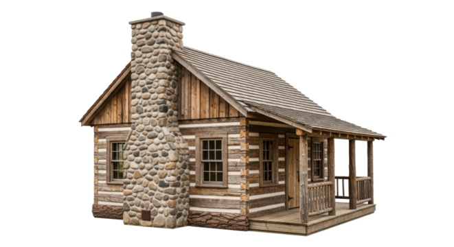 Rustic Wooden Log Cabin with Large Stone Chimney and Covered Front Porch isolated on Transparent Background - Powered by Adobe