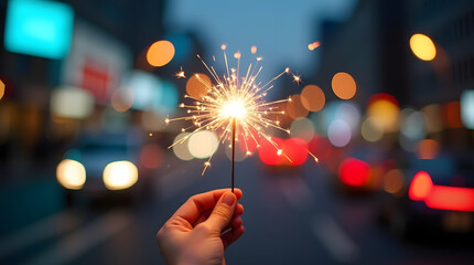 Sparkler held by an unseen hand with a soft glow illuminating the surrounding air, set against a blurred and vibrant busy city light background with a mix of warm and cool tones, featuring headlights