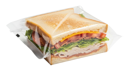 Ready-to-Eat Turkey and Cheese Club Sandwich sealed in clear plastic packaging, Product Shot isolated on Transparent Background