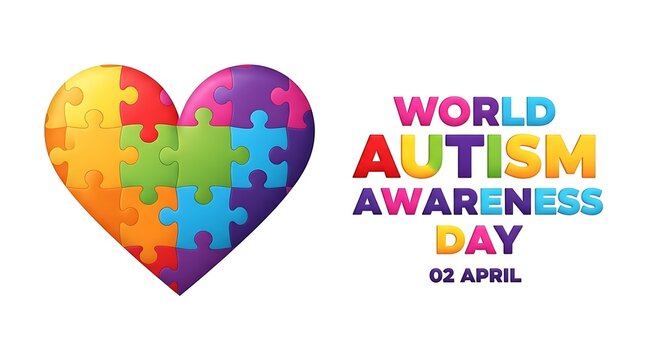 World autism awareness day concept with a colorful puzzle piece heart symbol, celebrated on april 2nd, isolated on white background