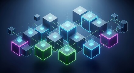 Abstract network of glowing cubes and data connections