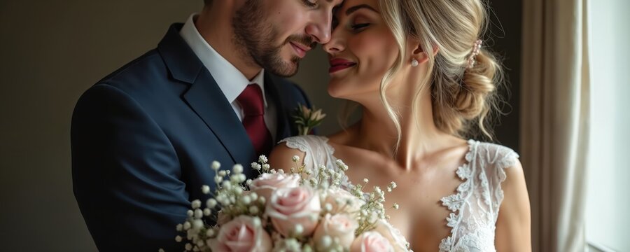 Young bride and groom embrace tenderly. Couple shares intimate moment on wedding day, holding bouquet. Newlyweds experience joy and love. Husband wife share romantic connection.
