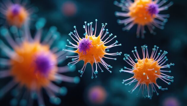 Microscopic view shows magnified pathogen organism. Yellow, violet coronavirus cells cause infection. Closeup features moving virus cells. Backdrop presents science study on viral pathogens impacting - Powered by Adobe