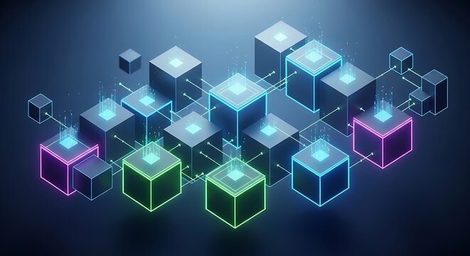 Abstract network of glowing cubes and data connections