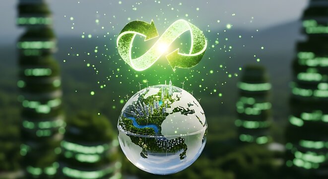 Futuristic earth and infinity symbol in a digital landscape - Powered by Adobe