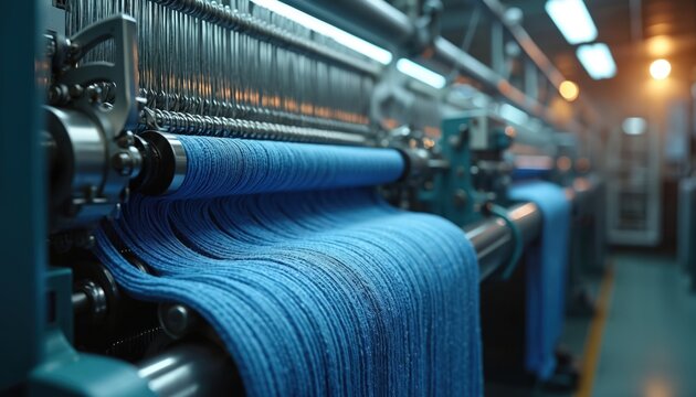 Circular knitting machinery makes blue fabric in factory. Textile production involves machine spinning thread. Industrial loom produces material. Steel needles weave fiber. Business works for