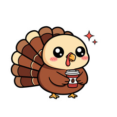 Adorable cartoon turkey character joyfully sips warm coffee, perfect for autumn and holiday designs