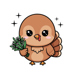 Charming Hand-Drawn Style Cartoon Turkey Character with a Sweet Floral Bouquet, Ideal for Festive Celebrations and Seasonal Designs