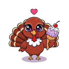Cute cartoon turkey with big eyes embraces sweet ice cream, spreading joy and affection with a loving heart