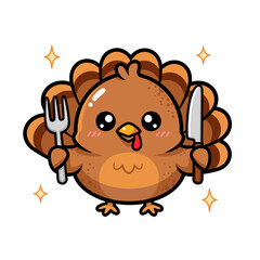 Adorable cartoon turkey mascot with big eyes, happily holding dinner utensils and sparkling for a joyful meal celebration