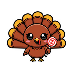 Adorable Cartoon Turkey Character with Sweet Lollipop, Perfect for Festive Holiday Designs and Children's Content