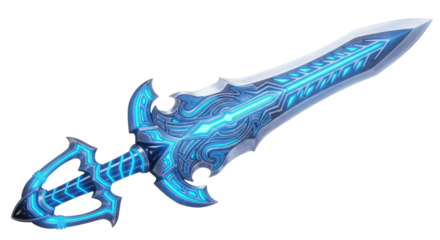 Ornate Blue Glowing Magic Fantasy Sword Weapon Asset Illustration isolated on Transparent Background
