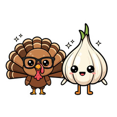 Charming illustrated turkey wearing stylish glasses with a cheerful kawaii garlic character