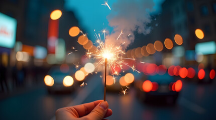 Sparkler held by an unseen hand with a soft glow illuminating the surrounding air, set against a blurred and vibrant busy city light background with a mix of warm and cool tones, featuring headlights