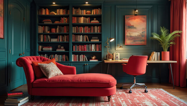 Stylish home office setup with teal wall. Interior boasts bookshelves sofa work desk. Chair lamp and decor enhance ambiance. Design promotes coziness and productivity for study or hobby.