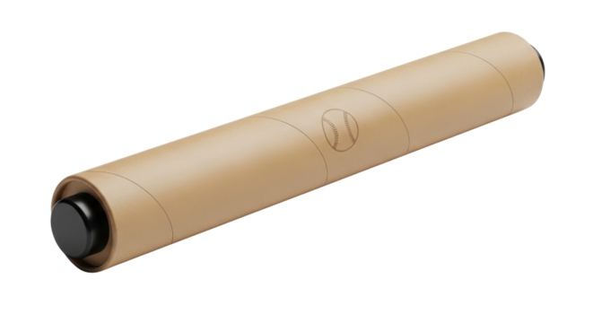 Isolated Product Shot of Brown Kraft Paper Roll Packaging Mockup with Black Caps and Baseball Logo isolated on Transparent Background