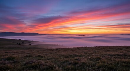 Obraz premium A stunning landscape view at daybreak with vibrant colors painting the sky and tranquil morning mist rising over the terrain ,view ,colorful ,glow