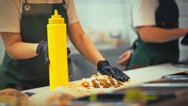 In a busy fast food kitchen, chefs are skillfully preparing snacks using meats and fresh vegetables. Bright condiments complete the vibrant, tasty offerings for hungry customers