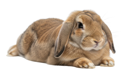 Brown Domestic Lop Rabbit Lying Down Isolated. Cute Pet Animal Photo. isolated on Transparent Background