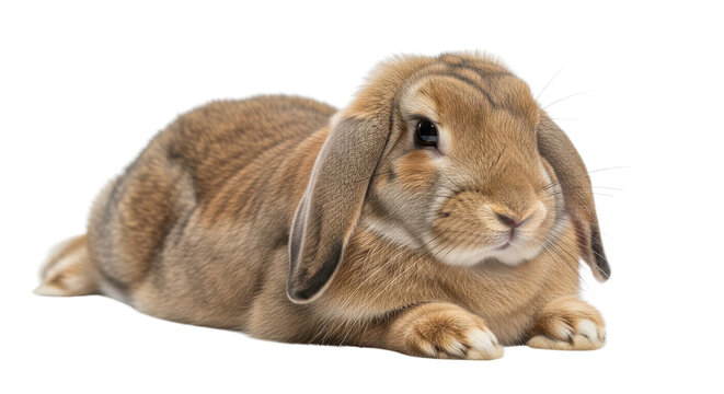 Brown Domestic Lop Rabbit Lying Down Isolated. Cute Pet Animal Photo. isolated on Transparent Background