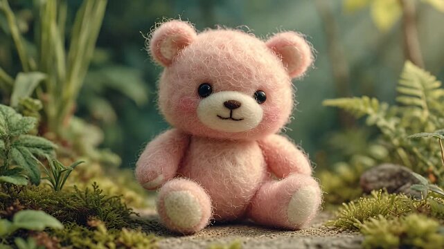 Adorable Pink Plush Teddy Bear in a Serene Forest Setting Surrounded by Lush Greenery