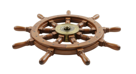 Traditional Wooden Ship Steering Wheel with Detailed Brass Center isolated on Transparent Background