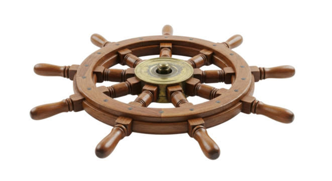 Traditional Wooden Ship Steering Wheel with Detailed Brass Center isolated on Transparent Background