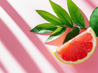 A close-up shot of a vibrant pink grapefruit slice with visible segments and a yellow rind, placed next to fresh green leaves on a pastel pink surface. Diagonal