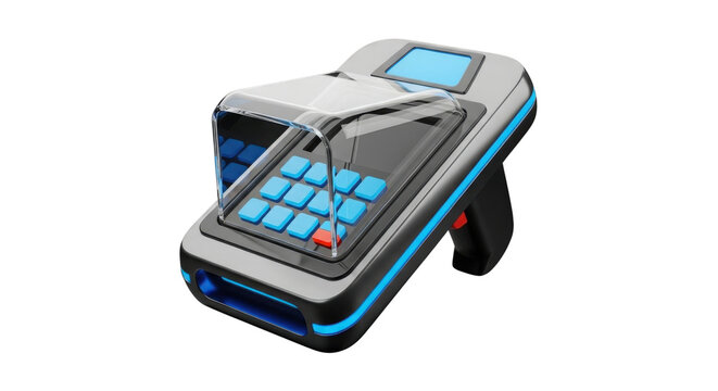 Futuristic Handheld Scanner Device with Glowing Blue Accents 3D Render isolated on Transparent Background