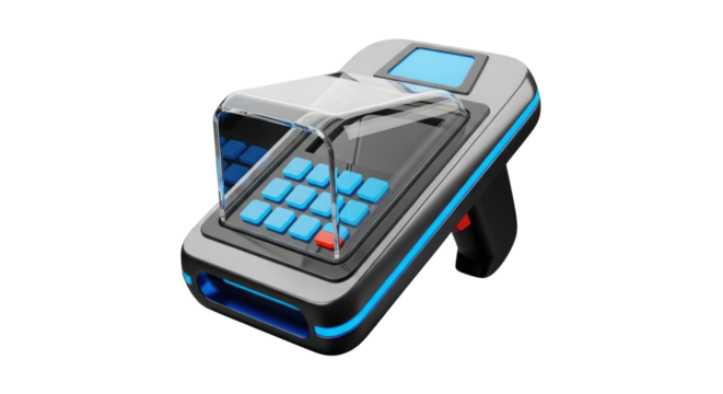 Futuristic Handheld Scanner Device with Glowing Blue Accents 3D Render isolated on Transparent Background