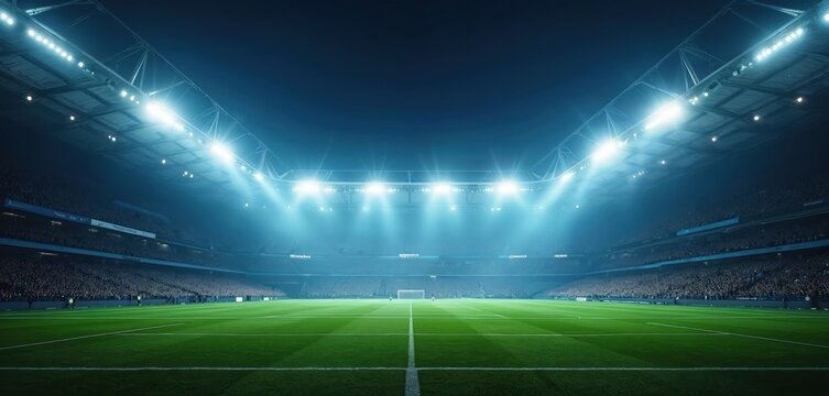 Full soccer stadium view. Large arena at night lit by floodlights. Crowds fill stadium bleachers. Green grass field is seen. Sports fans gather to watch football game. - Powered by Adobe
