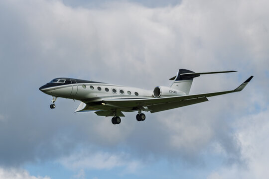 Geneva, Switzerland - october 26, 2025 : sign and logo on an Gulfstream G650ER operated by Global Jet Luxembourg landing at Geneva Airport