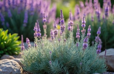 Purple blooming woolly hedgenettle and sage grow in a rock garden. Soft sunlight illuminates fuzzy grey green leaves and slender spikes of flowers.