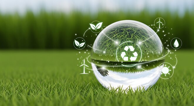 Glowing earth sphere with renewable energy symbols on green grass