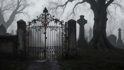 Mysterious Cemetery Gate at Dusk with Fog and Gravestones.