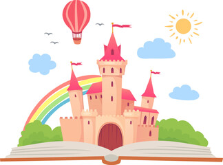 Fototapeta premium Fairytale castle appearing from open book illustration