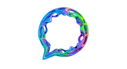 Abstract Fluid 3D Speech Bubble Icon with Iridescent Holographic Chrome Texture isolated on Transparent Background