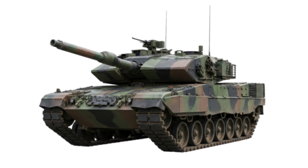 Powerful Modern Main Battle Tank Armored Fighting Vehicle with Camouflage Pattern isolated on Transparent Background