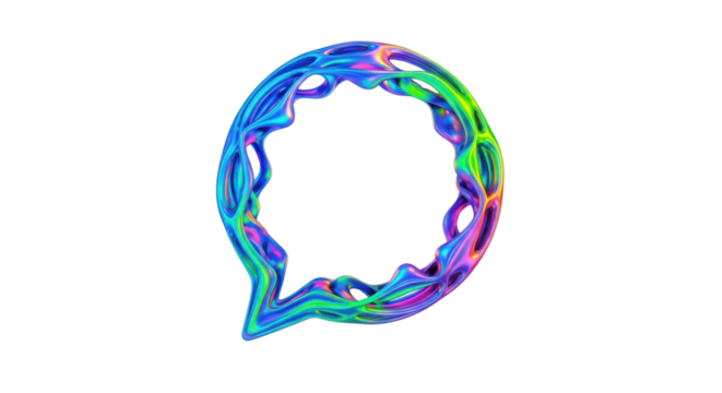 Abstract Fluid 3D Speech Bubble Icon with Iridescent Holographic Chrome Texture isolated on Transparent Background