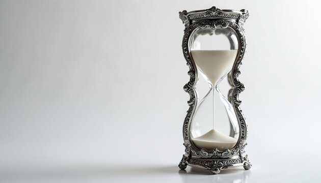 Ornate silver hourglass on white background. Sand flows through glass measuring device. Elegant timer represents time passing, deadline, and life moments.