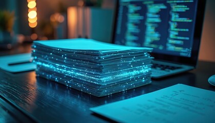 Paper documents stack with futuristic light effects near laptop. Automation of paperwork, data processing, digital document management with AI. Algorithm analyzes information structure for efficiency.