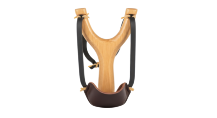 Traditional Wooden Slingshot with Black Rubber Bands and Brown Leather Pouch isolated on Transparent Background