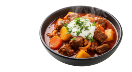 Steaming Hot Traditional Beef Stew Goulash with Vegetables and Sour Cream in a Black Bowl isolated on Transparent Background