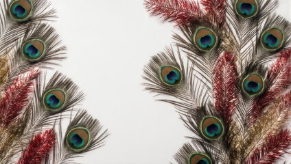 Obraz premium Elegant peacock feathers and decorative plants on white background.