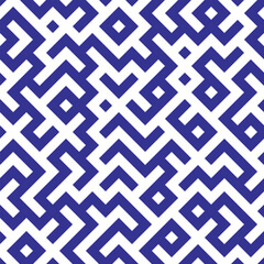 Seamless blue and white abstract geometric maze line pattern background.