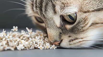 Close-up of tabby cat with green eyes resting head near delicate white flowers against dark background, creating serene pet portrait.