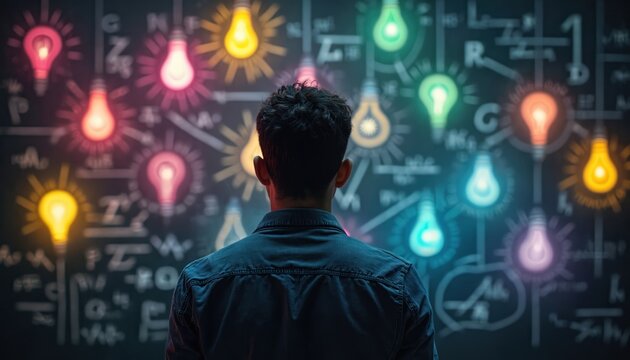 Man looks at chalkboard with glowing light bulbs and equations. Symbolizes brainstorming creativity and innovative thinking. Ideas connect and form new concepts.