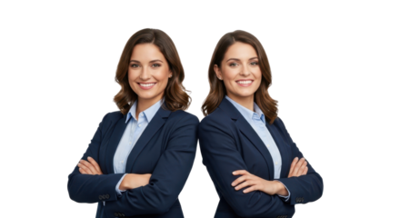 Confident twin businesswomen stand back to back with folded arms smiling and ready for teamwork success today